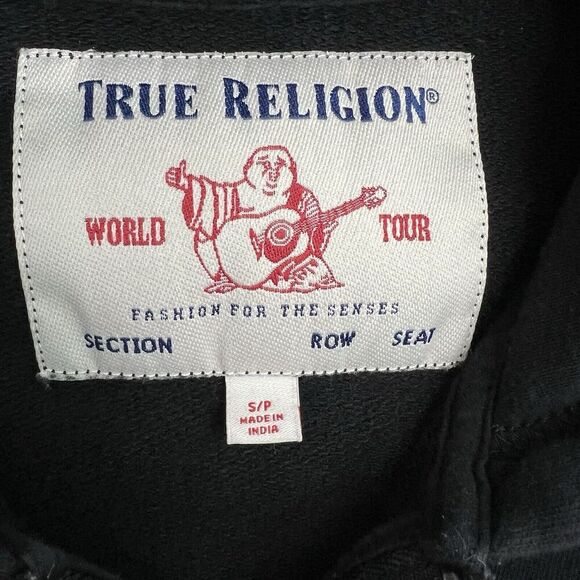 True Religion Hoodie Mens Small Black Gold Chain Spell Out Sleeves Full Zip - Picture 7 of 12